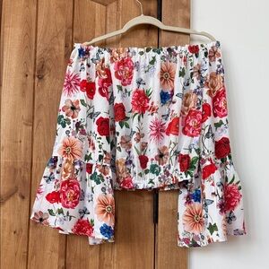 Floral Off-Shoulder Crop Skirt - White with Red & Pink Flowers